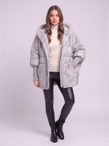 Faux Fur Patchwork Hooded Puffer Coat - Gray
