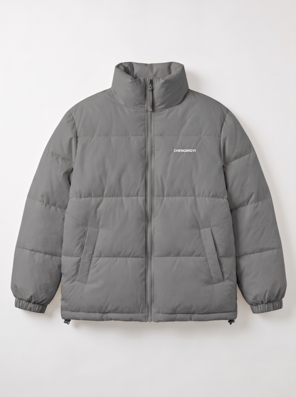 Stand Collar Puffer Jacket - Grey - flat lay
