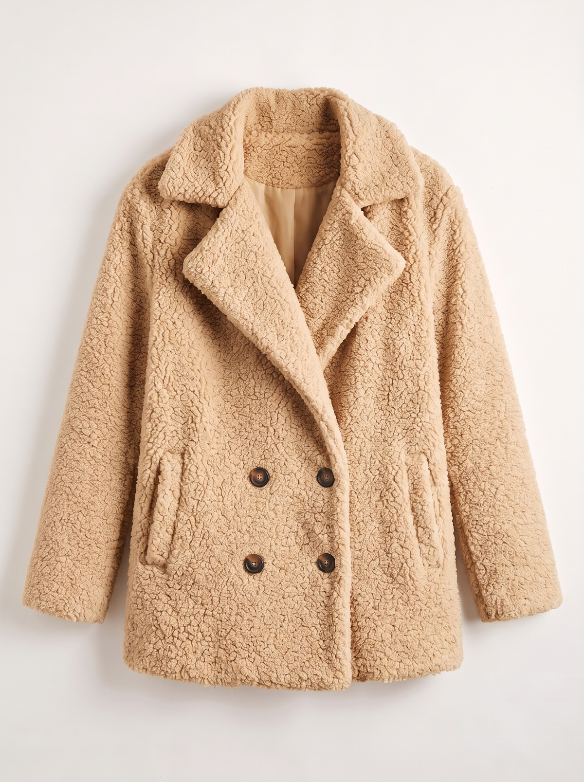 Teddy Fleece Double-Breasted Coat - Khaki - flat lay
