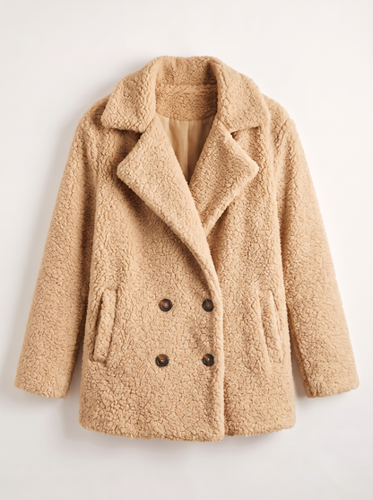 Teddy Fleece Double-Breasted Coat - Khaki - flat lay