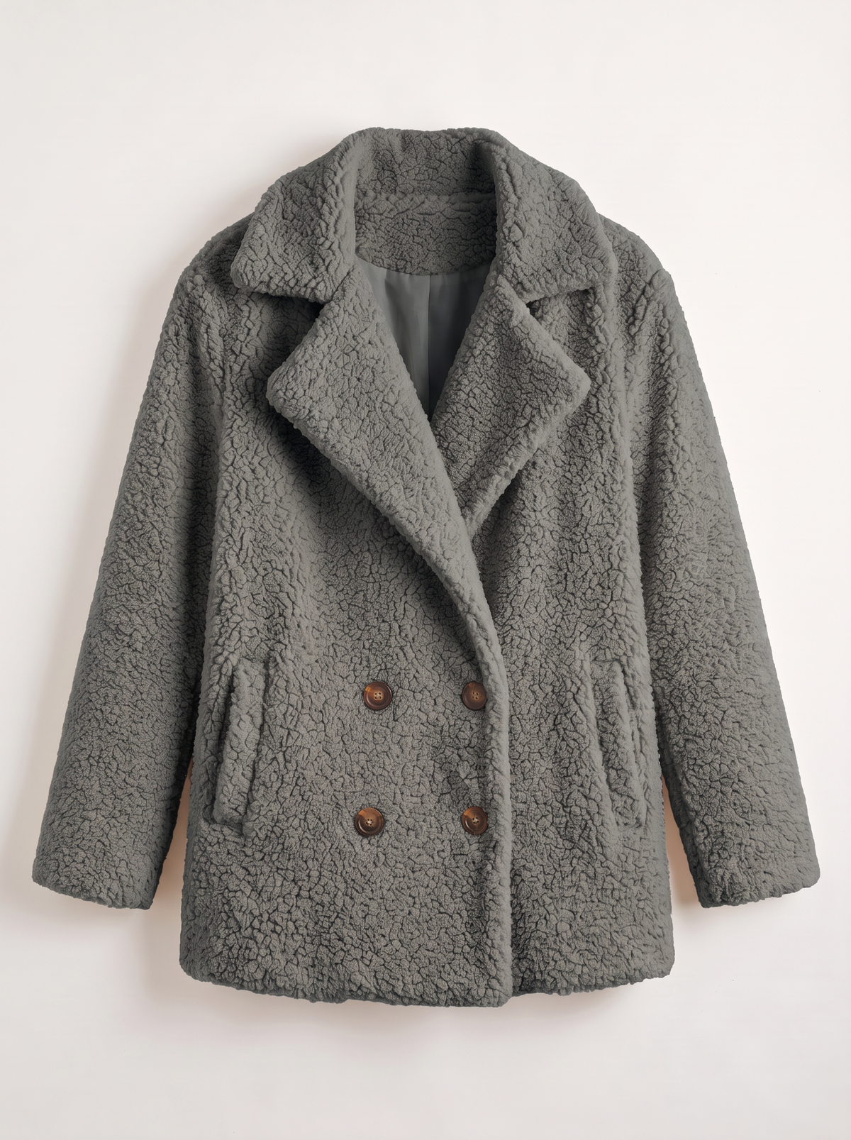 Teddy Fleece Double-Breasted Coat - Dark Grey - flat lay