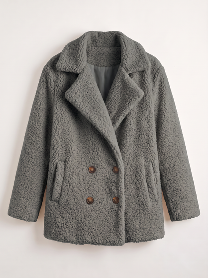 Teddy Fleece Double-Breasted Coat - Dark Grey - flat lay