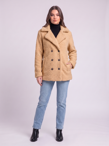 Teddy Fleece Double-Breasted Coat - Khaki