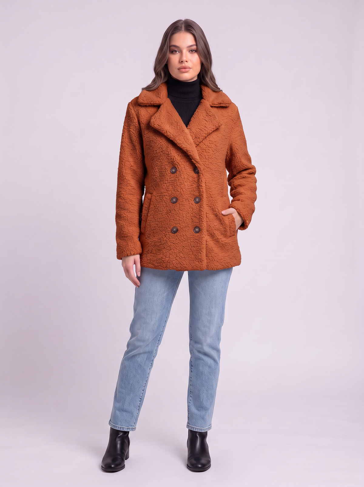 Teddy Fleece Double-Breasted Coat - Caramel colour