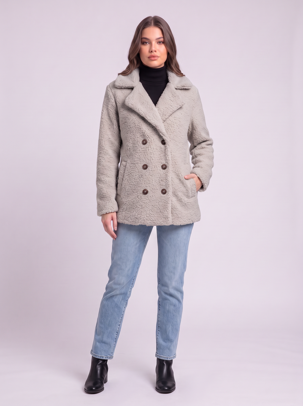 Teddy Fleece Double-Breasted Coat - Light Grey