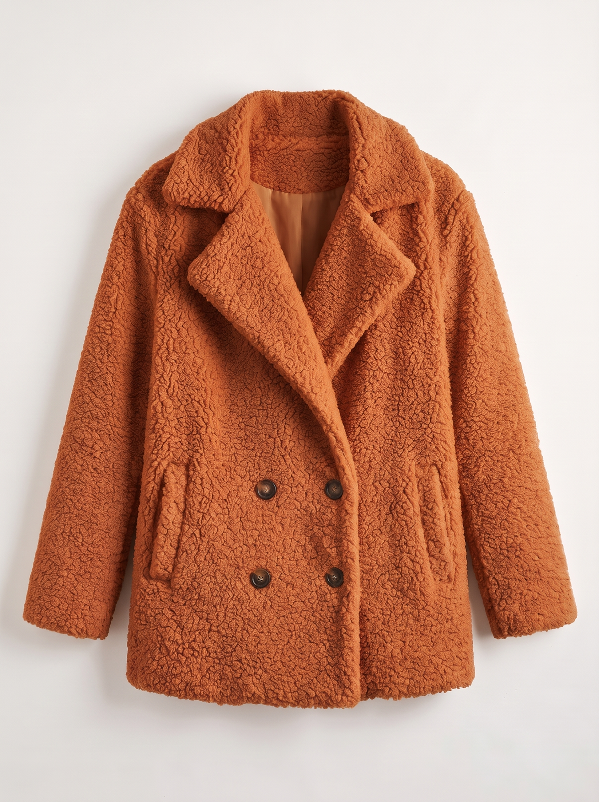 Teddy Fleece Double-Breasted Coat - Caramel colour - flat lay