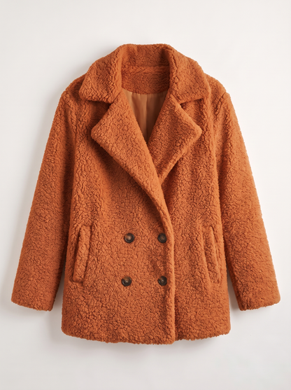 Teddy Fleece Double-Breasted Coat - Caramel colour - flat lay