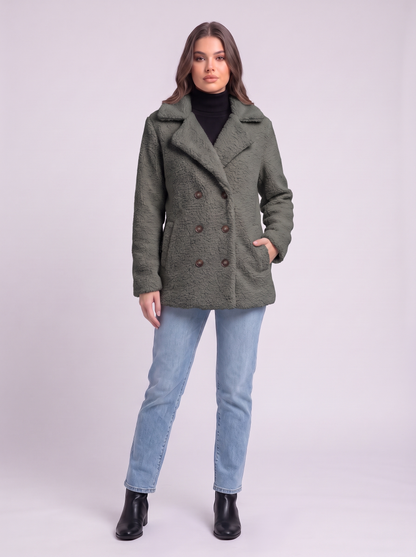 Teddy Fleece Double-Breasted Coat - Dark Grey