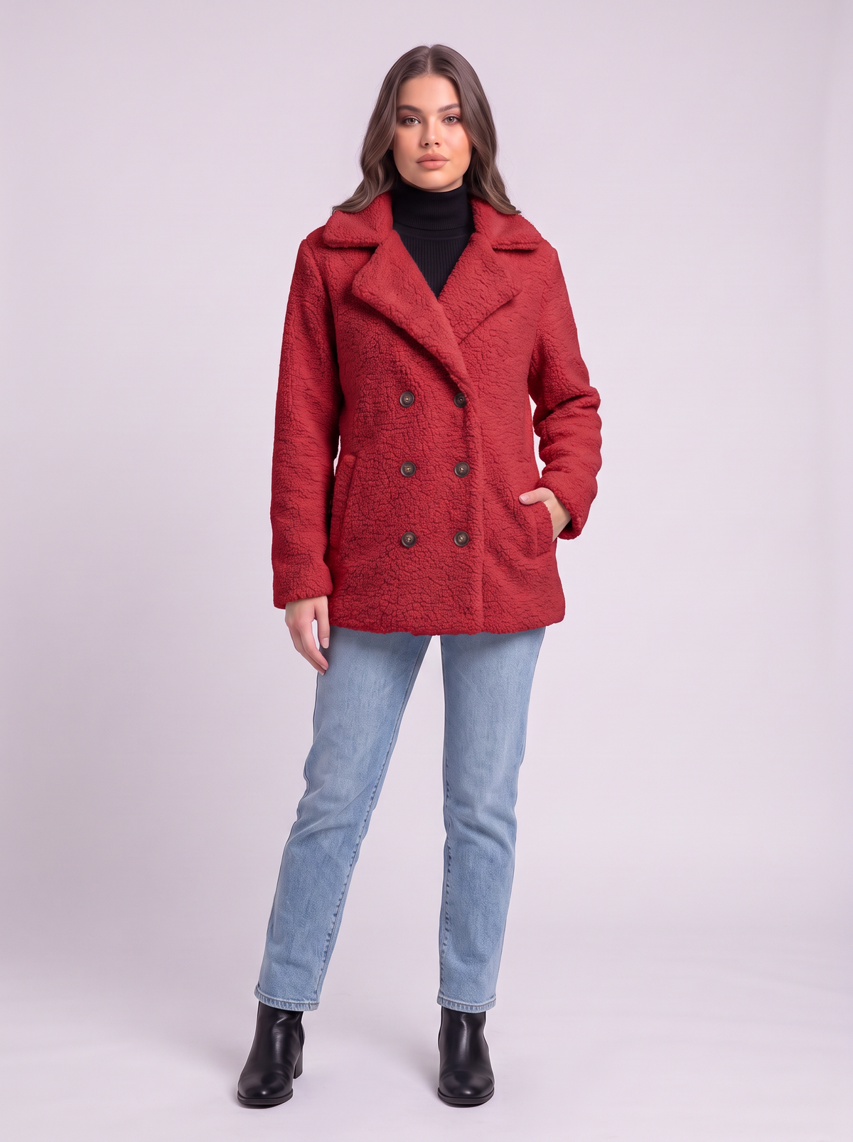 Teddy Fleece Double-Breasted Coat - Red
