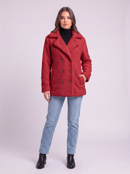 Teddy Fleece Double-Breasted Coat - Red