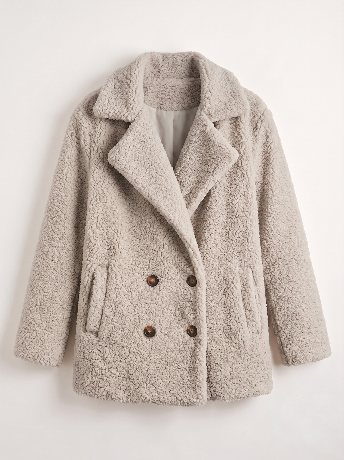 Teddy Fleece Double-Breasted Coat - Light Grey - flat lay