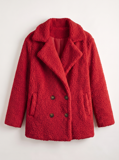 Teddy Fleece Double-Breasted Coat - Red - flat lay