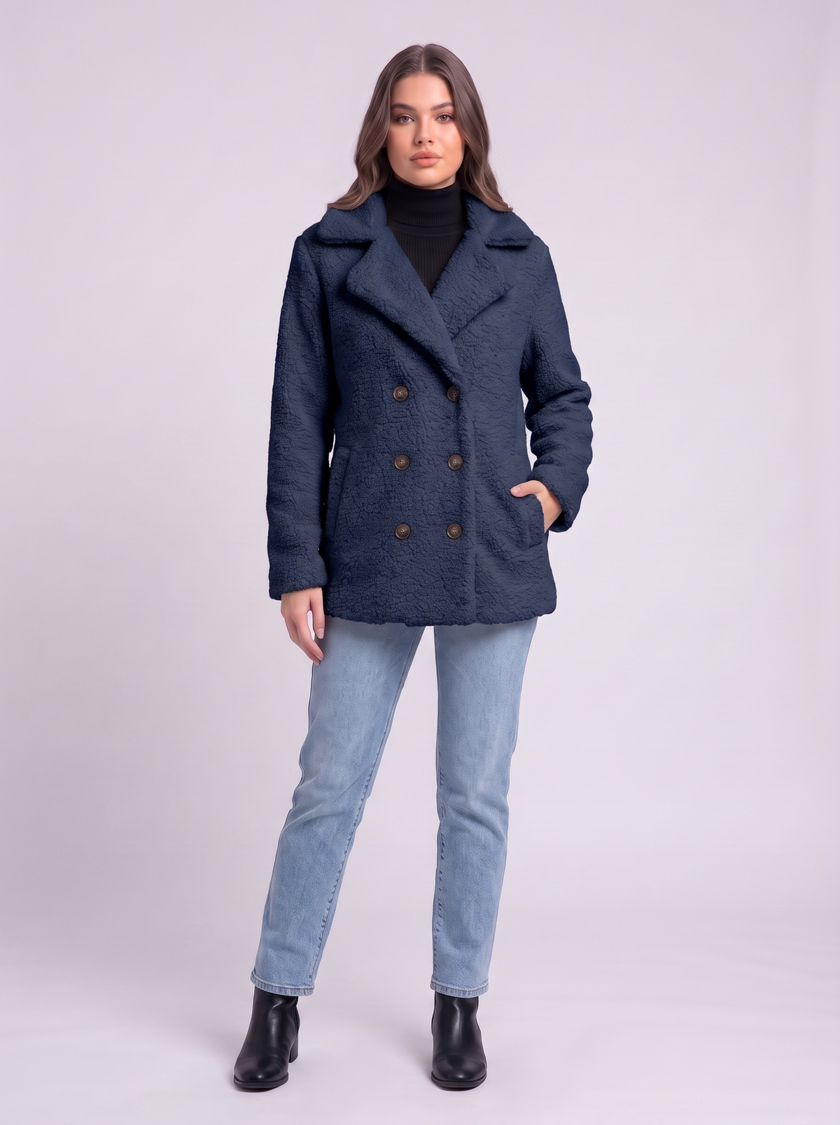 Teddy Fleece Double-Breasted Coat - Navy Blue