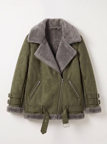 Faux Leather Shearling Aviator Jacket - Green - flat lay