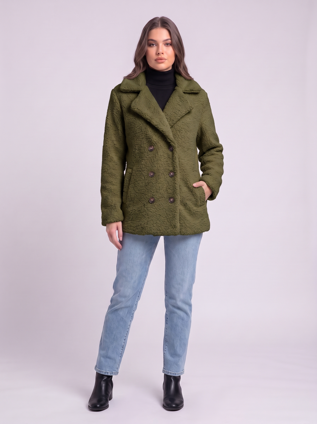 Teddy Fleece Double-Breasted Coat - Green