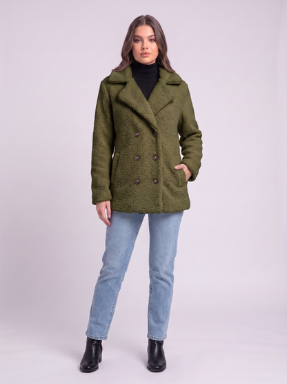 Teddy Fleece Double-Breasted Coat - Green