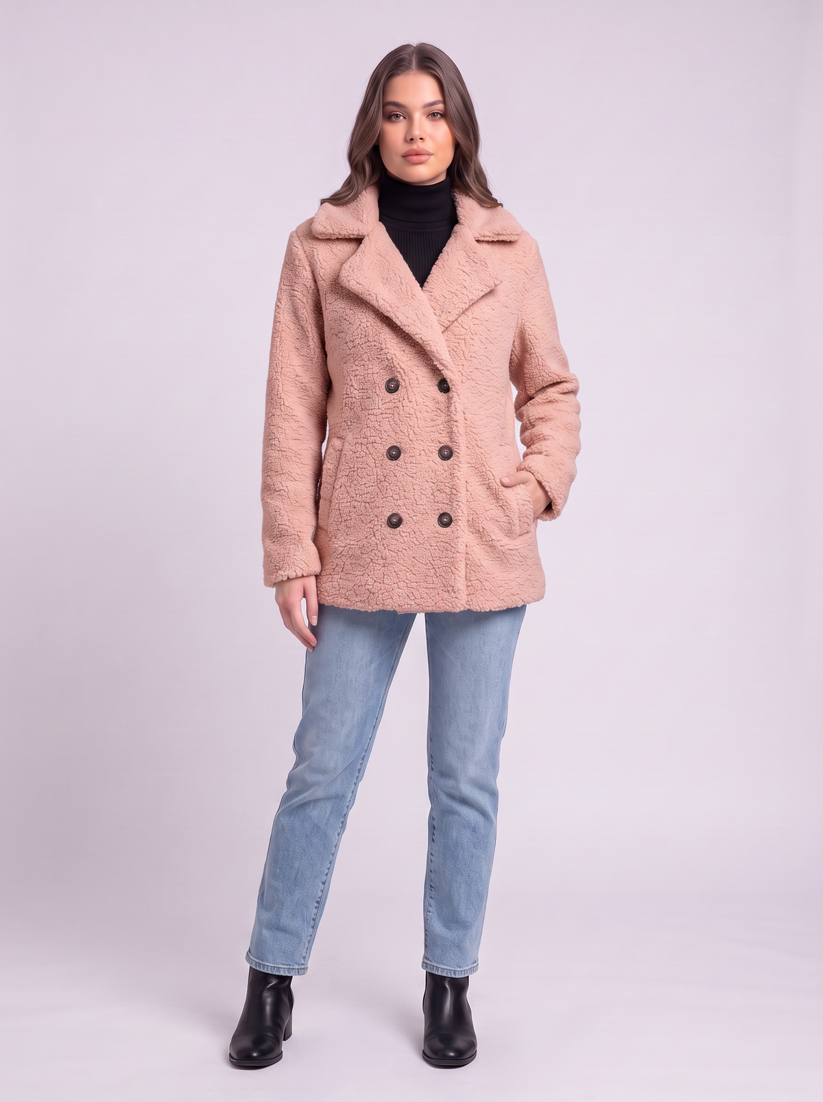 Teddy Fleece Double-Breasted Coat - Pink