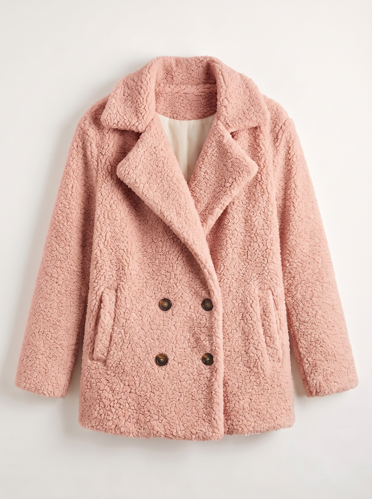 Teddy Fleece Double-Breasted Coat - Pink - flat lay