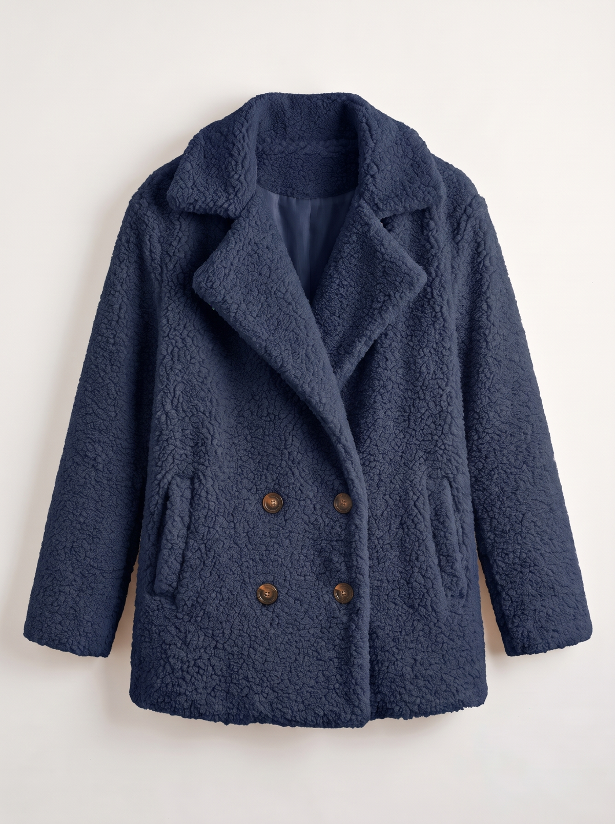 Teddy Fleece Double-Breasted Coat - Navy Blue - flat lay