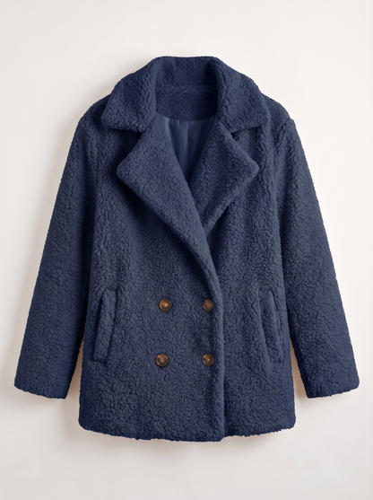 Teddy Fleece Double-Breasted Coat - Navy Blue - flat lay