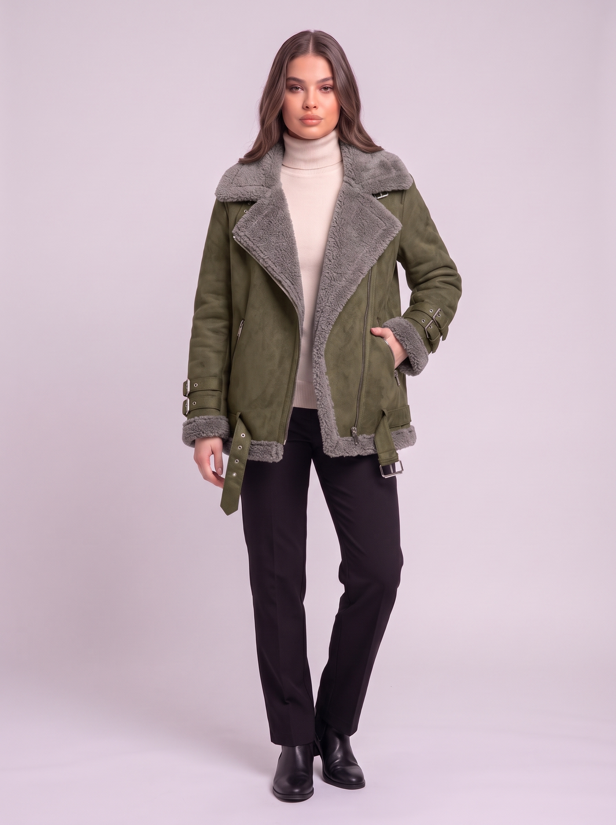 Faux Leather Shearling Aviator Jacket - Green