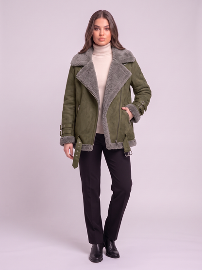 Faux Leather Shearling Aviator Jacket - Green