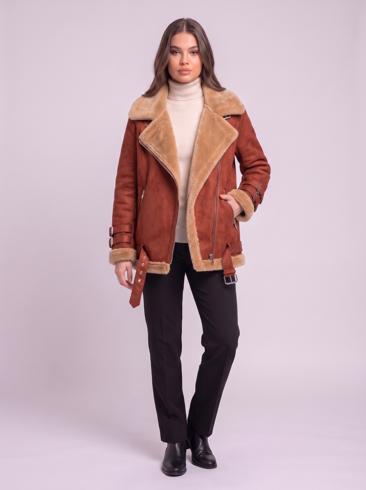 Faux Leather Shearling Aviator Jacket - Brick red
