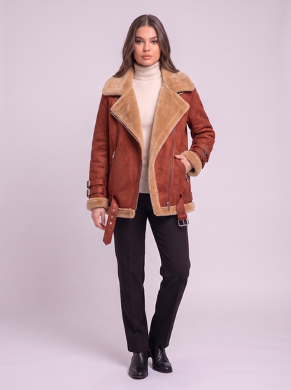 Faux Leather Shearling Aviator Jacket - Brick red