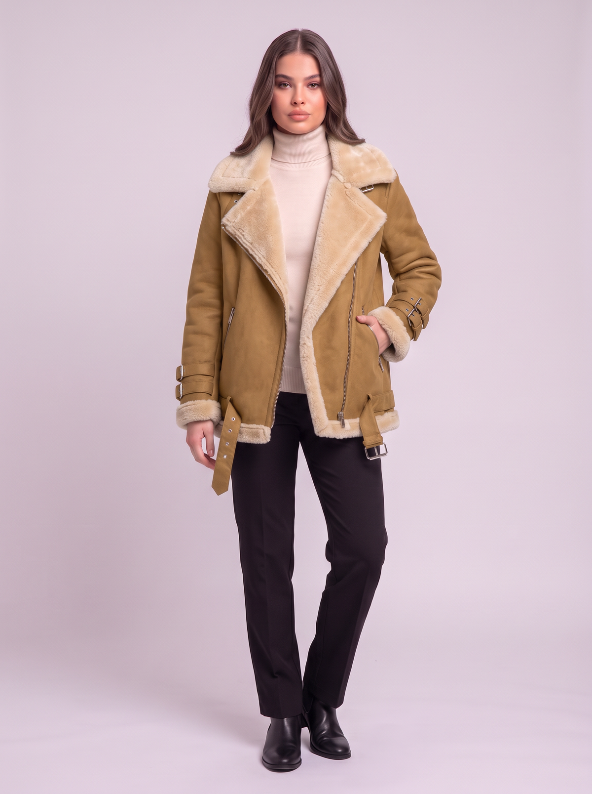 Faux Leather Shearling Aviator Jacket - Khaki