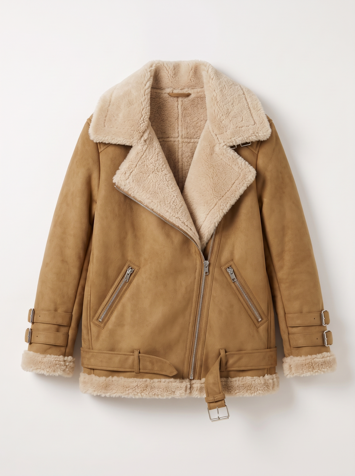 Faux Leather Shearling Aviator Jacket - Khaki - flat lay