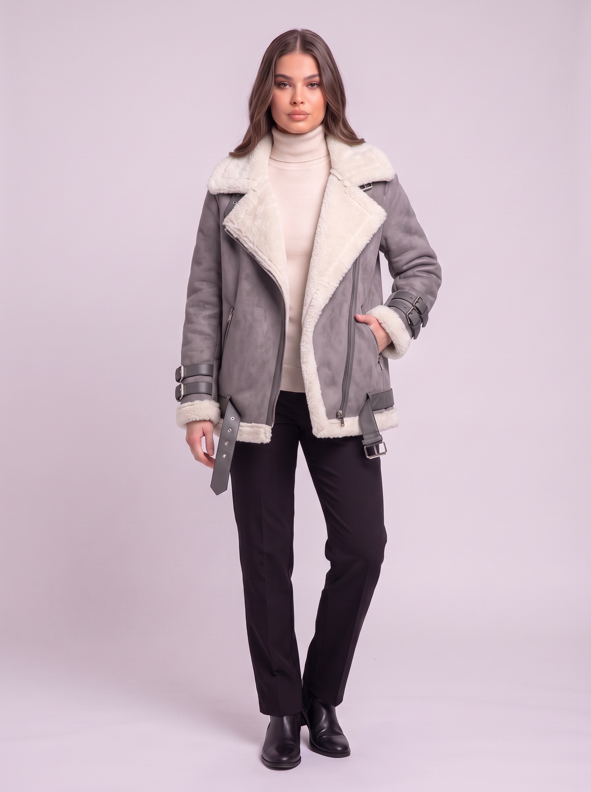 Faux Leather Shearling Aviator Jacket - Gray