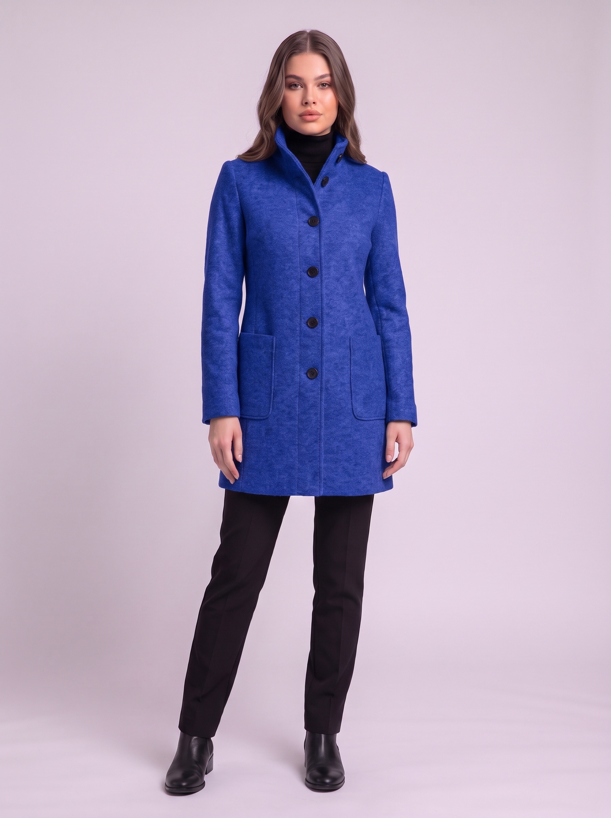 Stand Collar Wool-Blend Coat - Dark Blue
