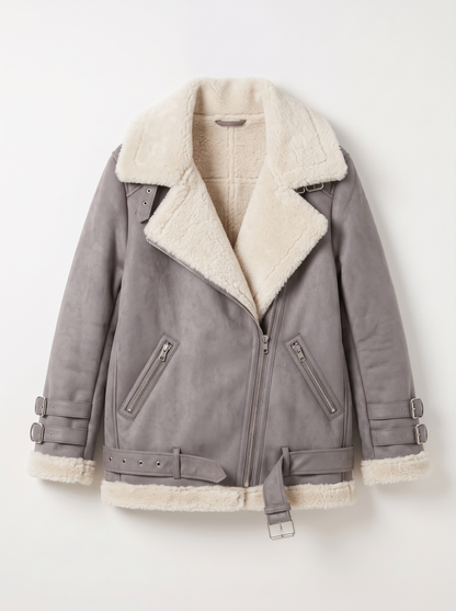 Faux Leather Shearling Aviator Jacket - Gray - flat lay