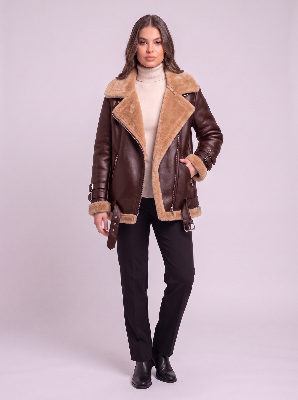Faux Leather Shearling Aviator Jacket - Reddish brown