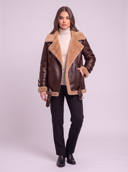 Faux Leather Shearling Aviator Jacket - Reddish brown