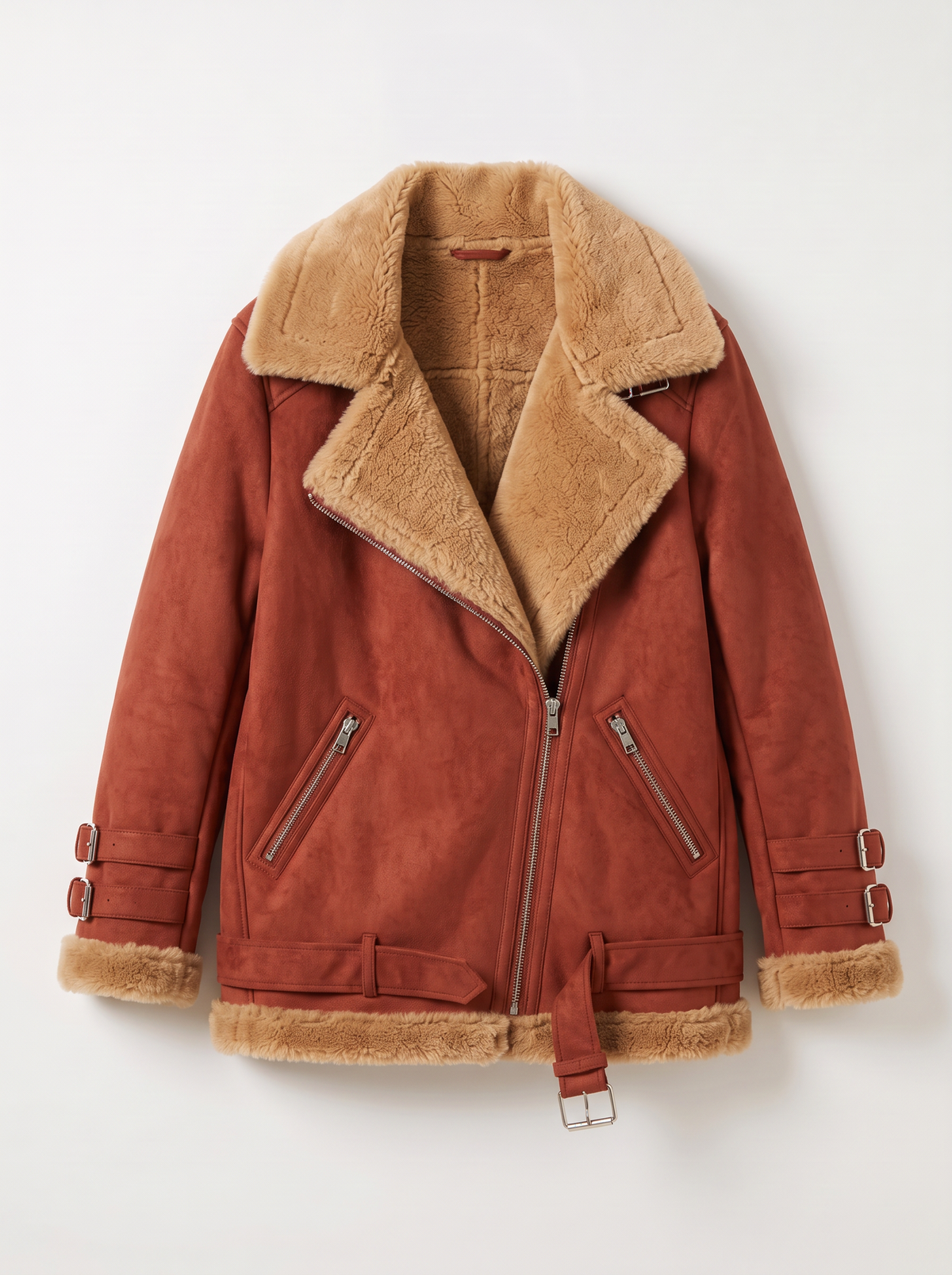 Faux Leather Shearling Aviator Jacket - Brick red - flat lay
