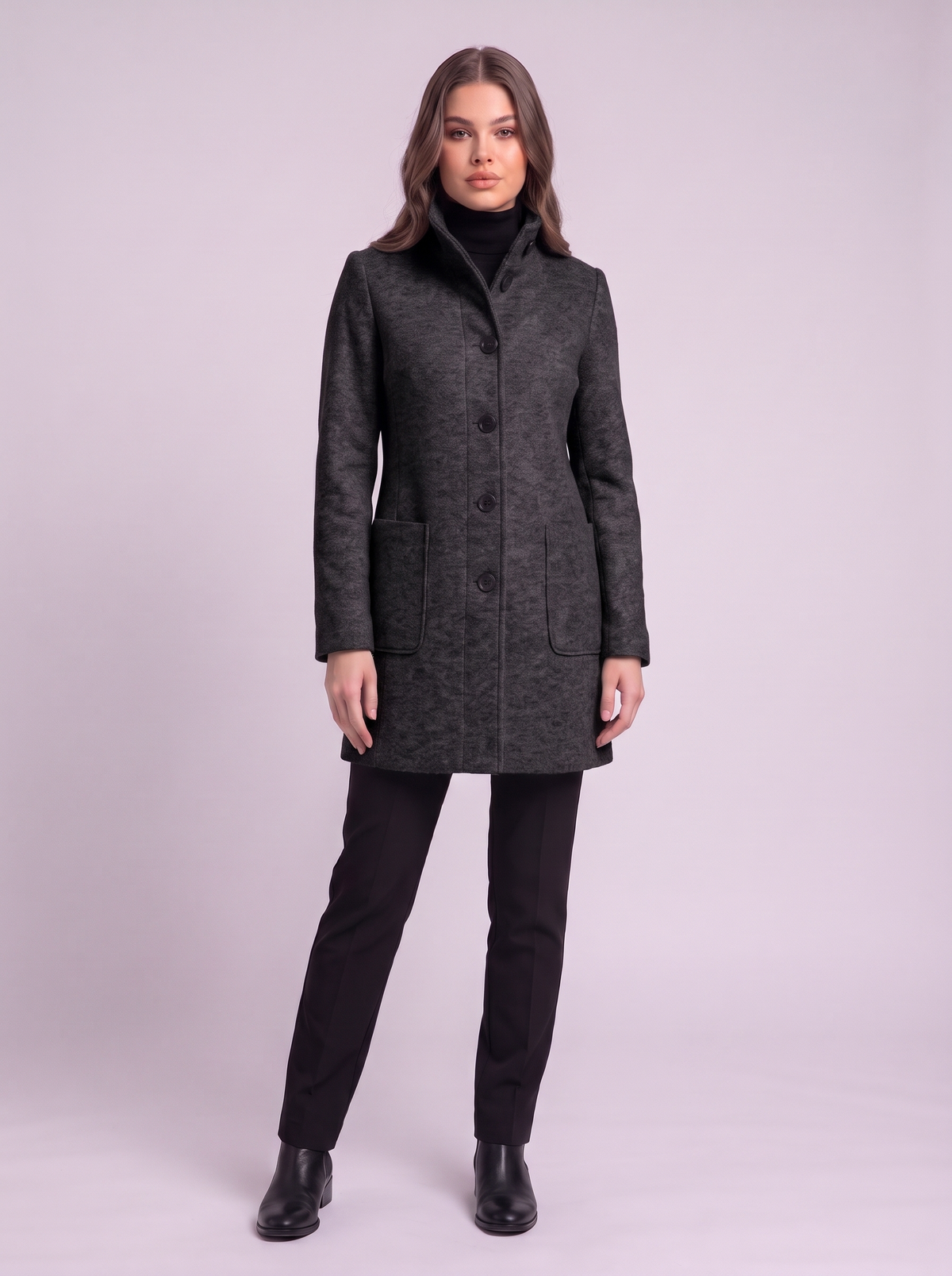 Stand Collar Wool-Blend Coat - Black flowers