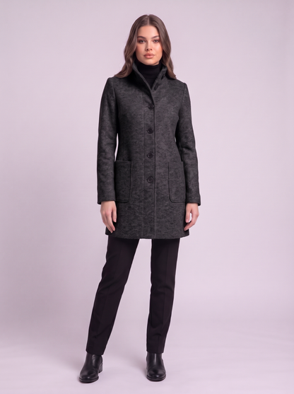 Stand Collar Wool-Blend Coat - Black flowers