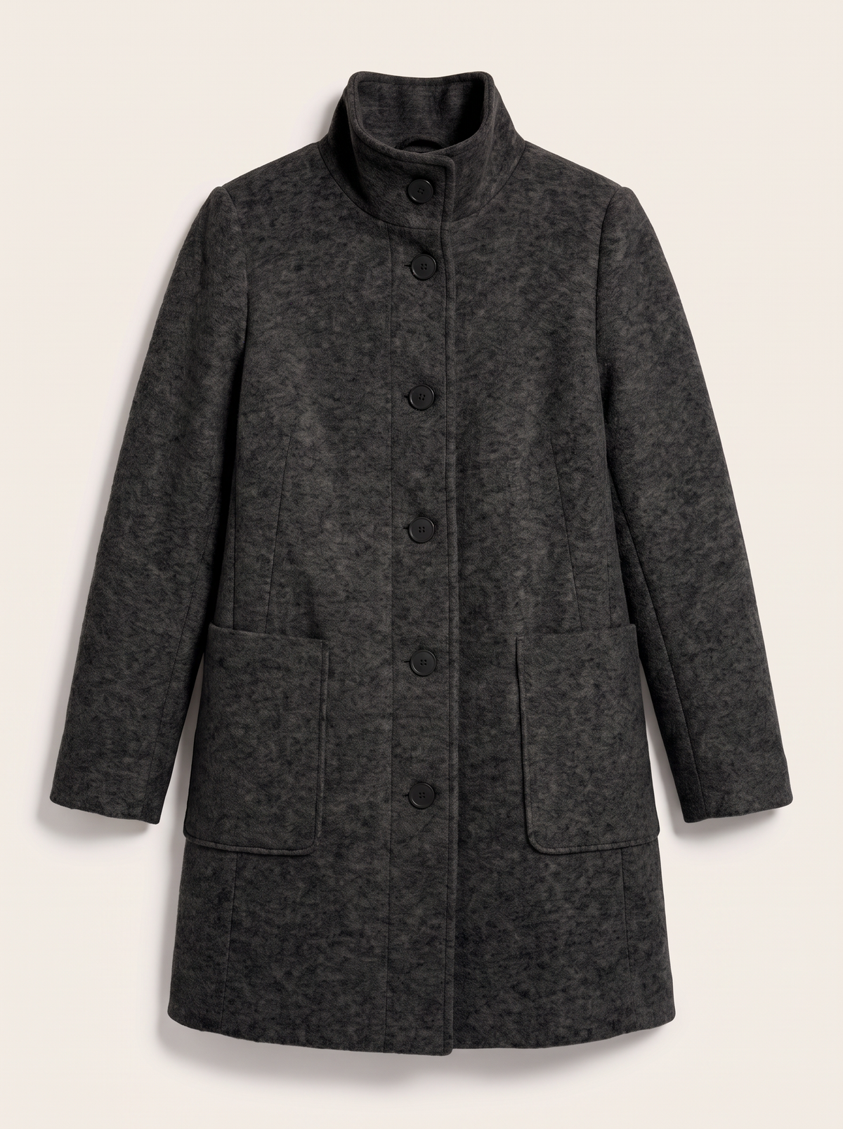 Stand Collar Wool-Blend Coat - Black flowers - flat lay