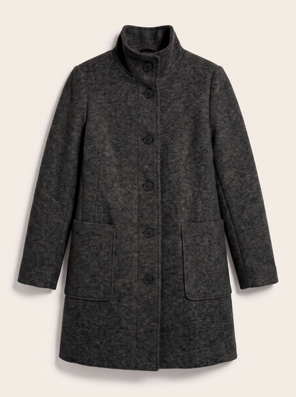 Stand Collar Wool-Blend Coat - Black flowers - flat lay