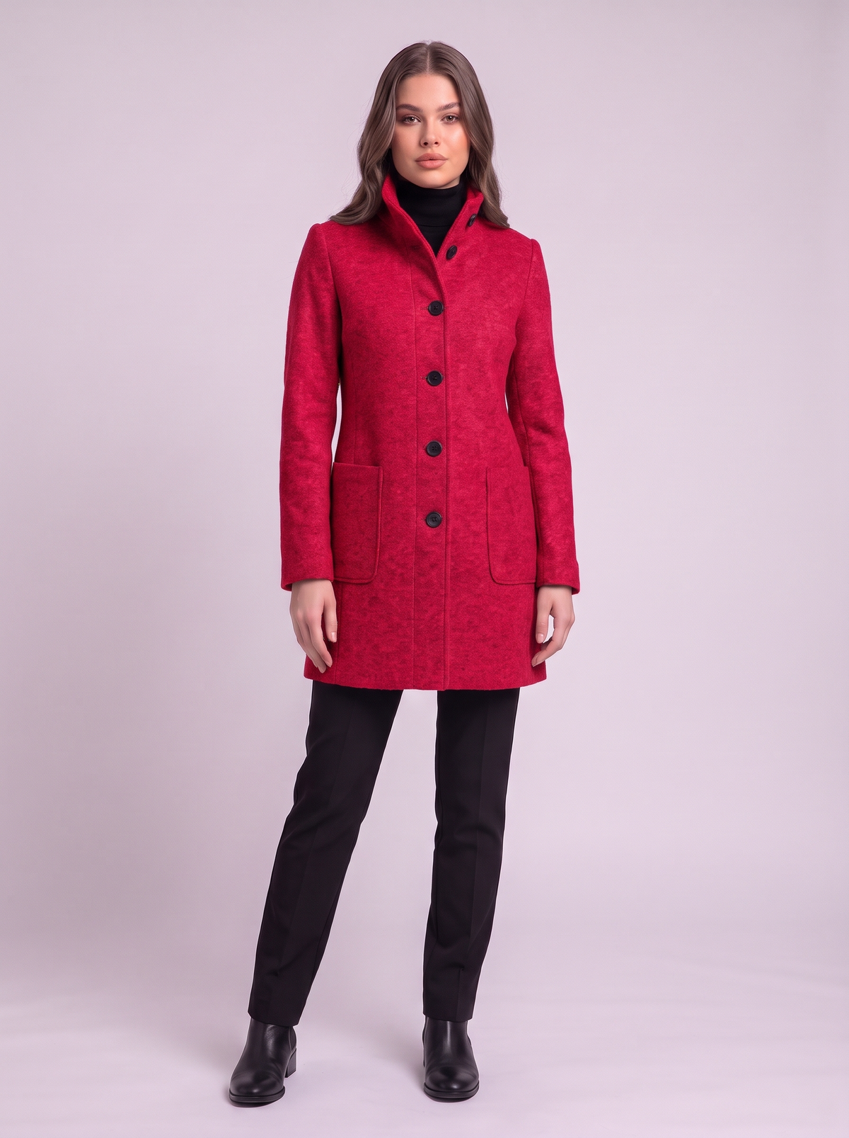 Stand Collar Wool-Blend Coat - Red