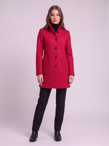 Stand Collar Wool-Blend Coat - Red