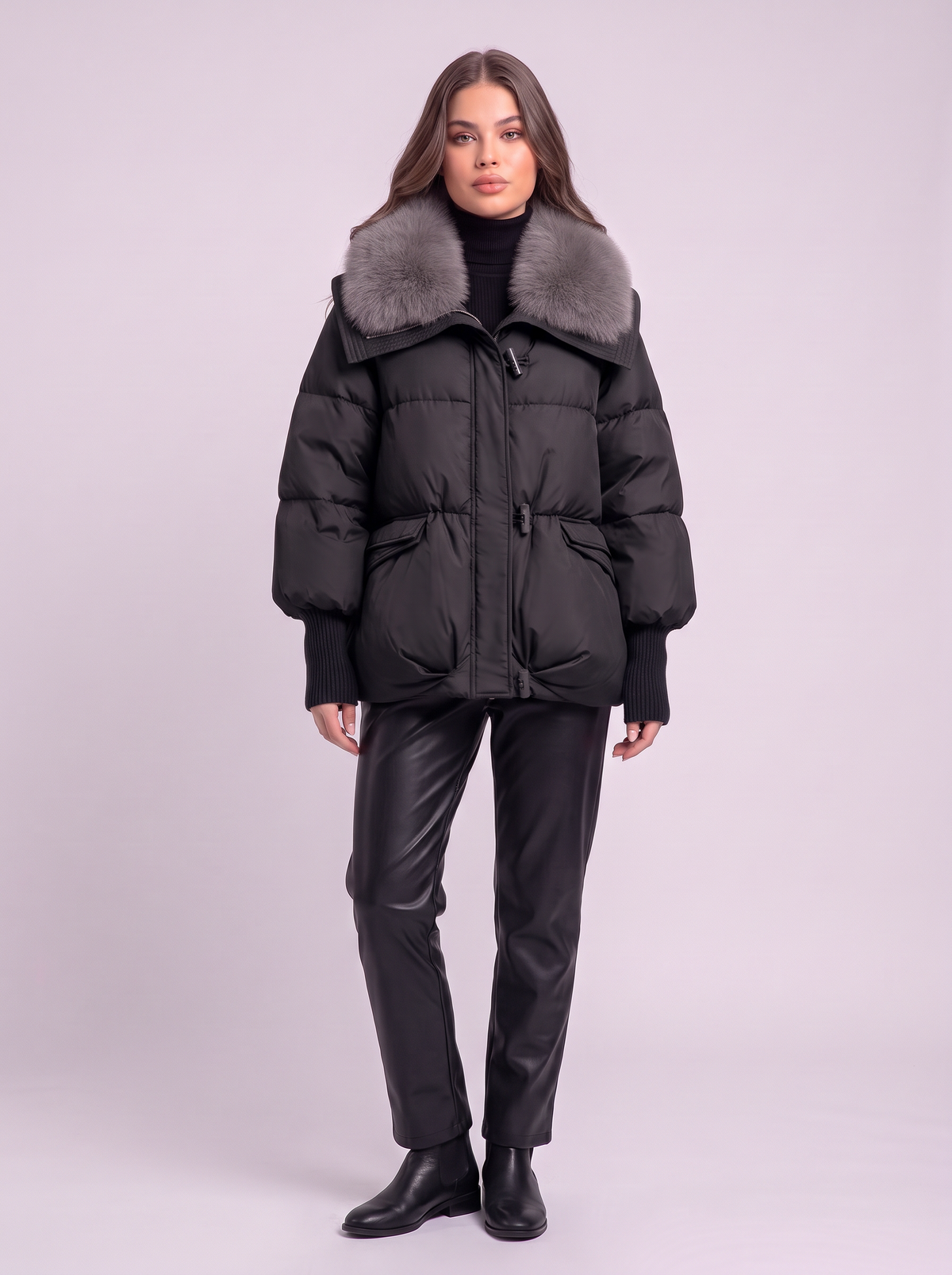 Fur Collar Short Puffer Jacket - Black