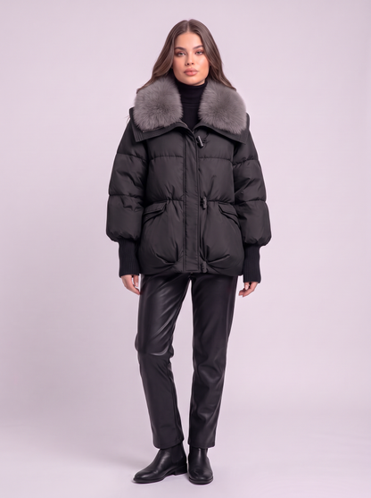 Fur Collar Short Puffer Jacket - Black