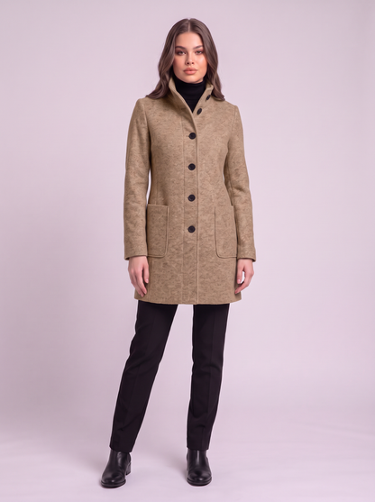 Stand Collar Wool-Blend Coat - Khaki