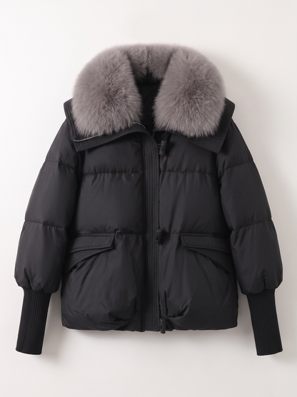 Fur Collar Short Puffer Jacket - Black - flat lay