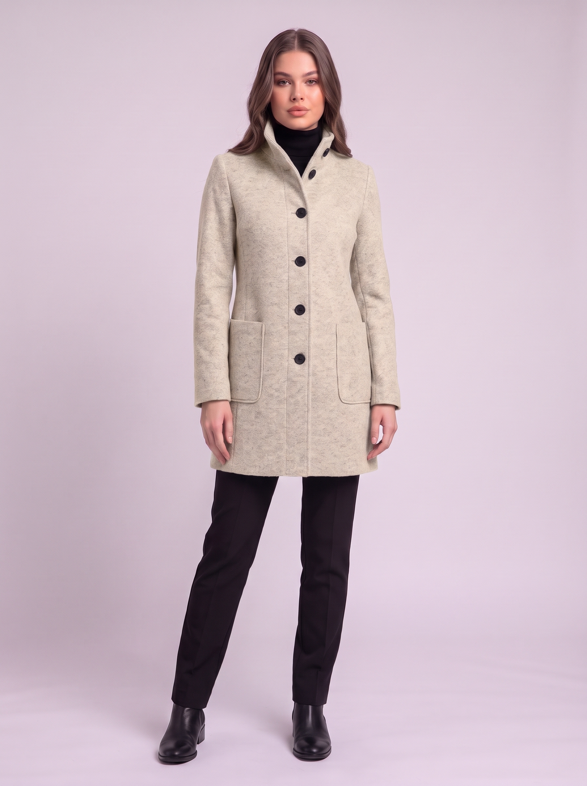 Stand Collar Wool-Blend Coat - Apricot