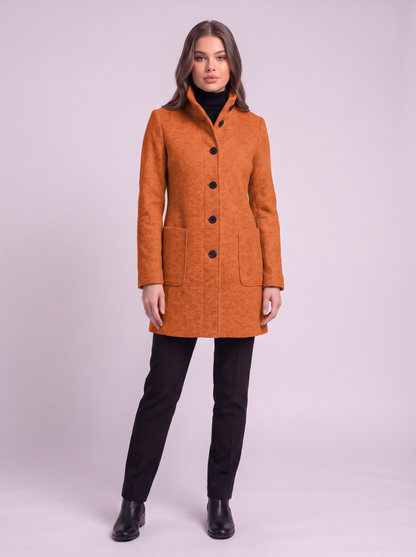 Stand Collar Wool-Blend Coat - Orange