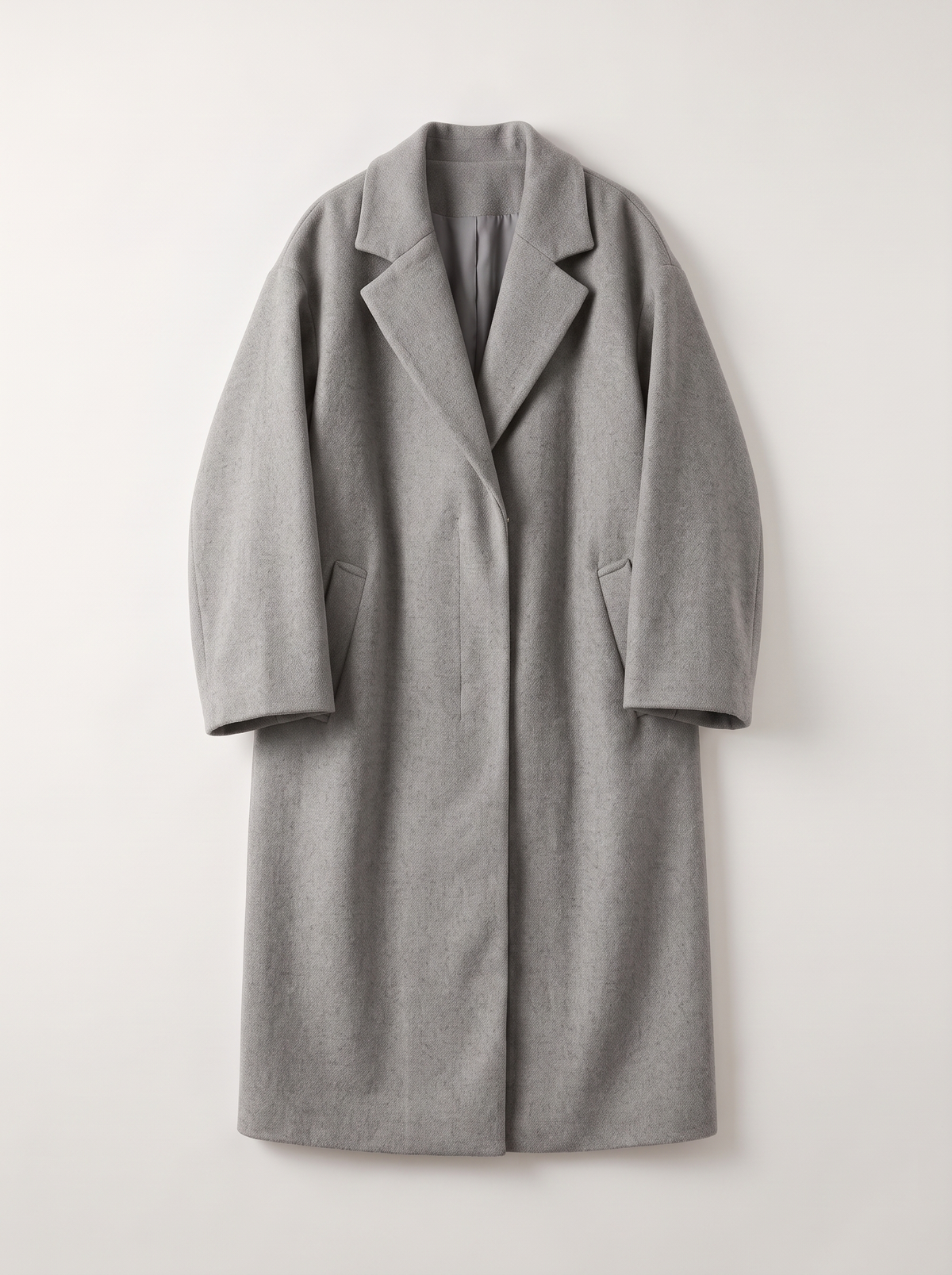 Long Wool-Blend Lapel Coat - Grey - flat lay