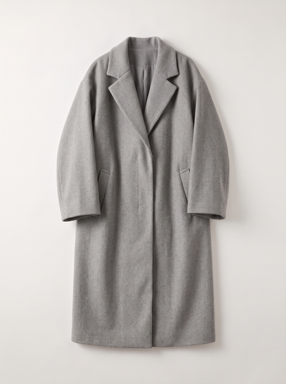 Long Wool-Blend Lapel Coat - Grey - flat lay